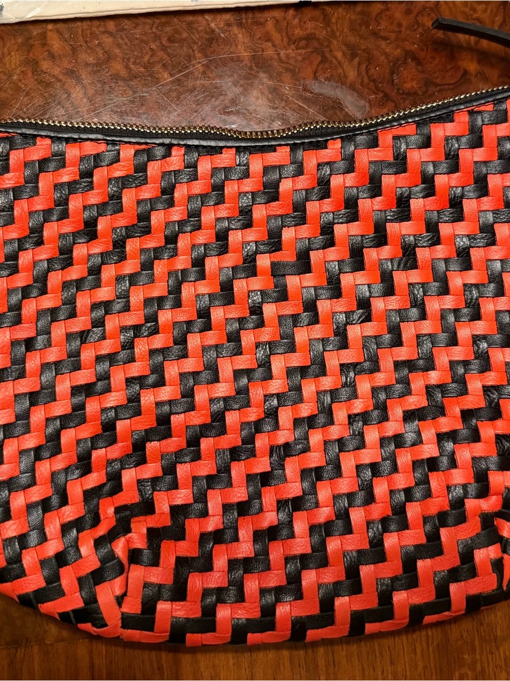 NWT Clare V Lune Bag in Black / Bright Poppy Woven Zig Zag Leather - Picture 8 of 10